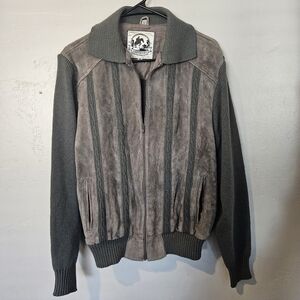 Saddlery Vintage Womens Medium Tall Gray Suede Leather Cable Knit Jacket Sweater